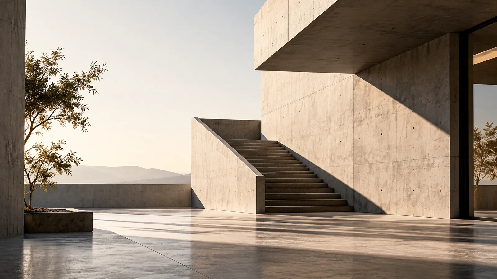 Sunlit minimalist concrete courtyard with stairs and an olive tree