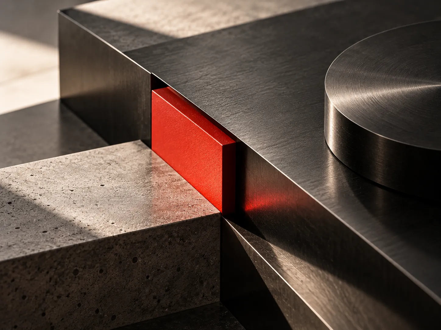 Gunmetal and concrete blocks with a red recess
