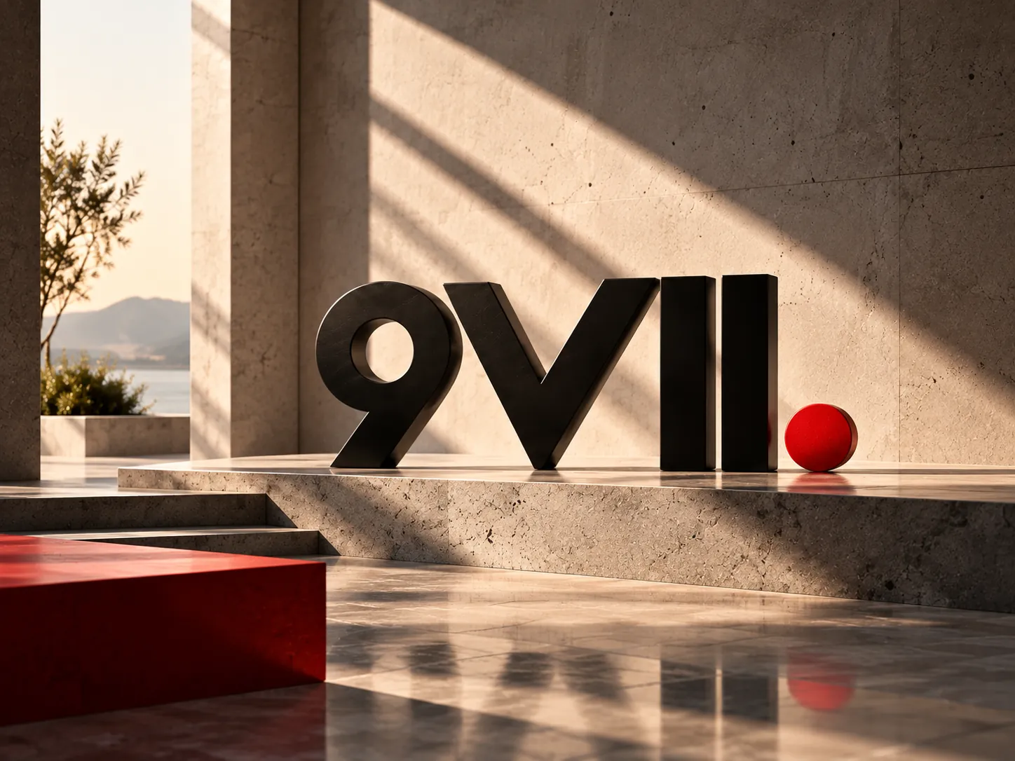 9VII wordmark sculpture in warm sunlight on a concrete plinth