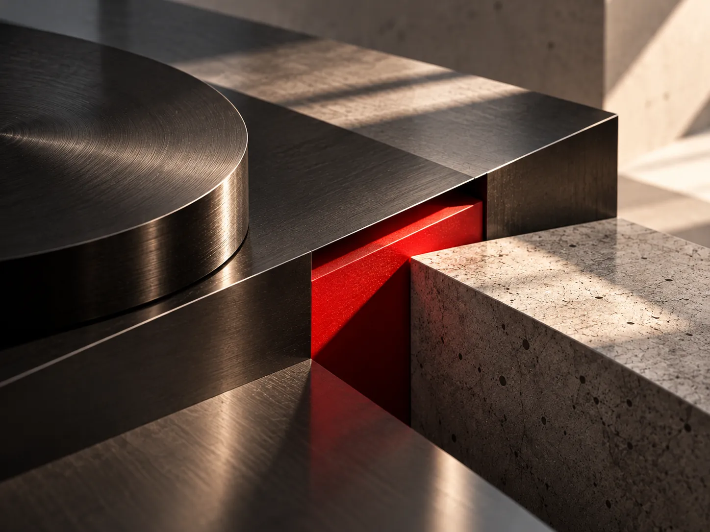 Brushed metal and concrete forms meeting at a red recess