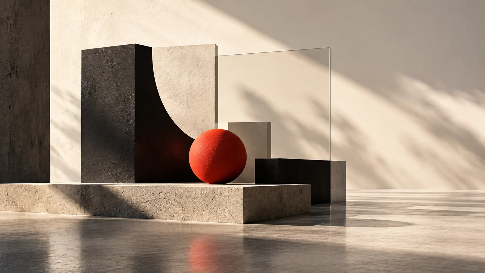 Concrete forms and a red sphere in warm sunlight