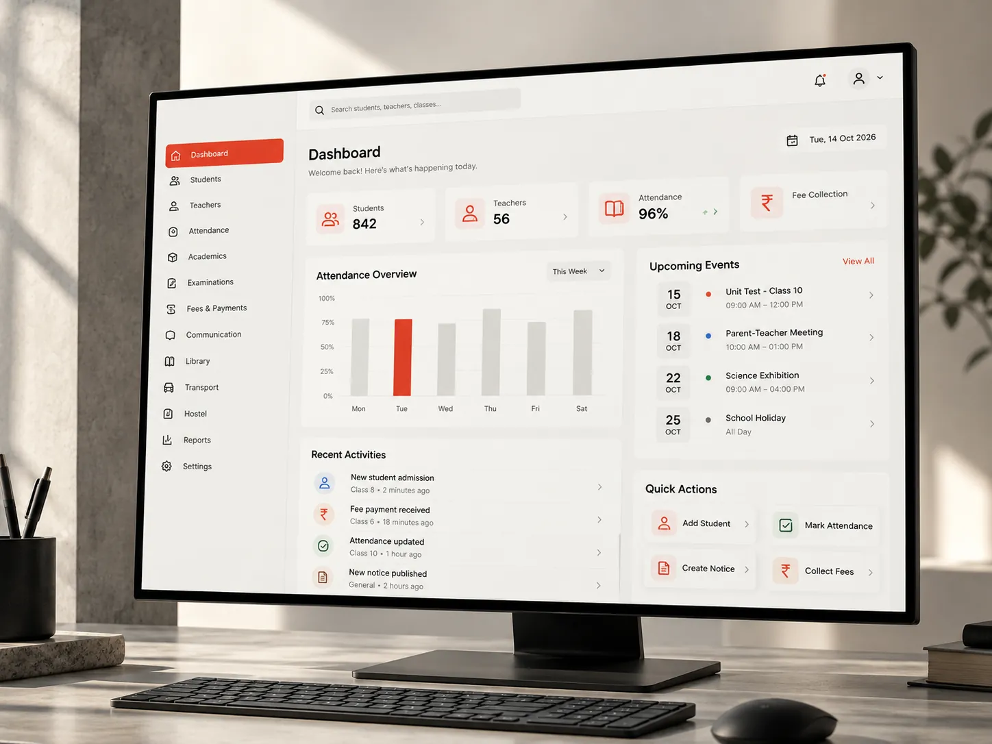 Dashboard preview with attendance overview and upcoming events