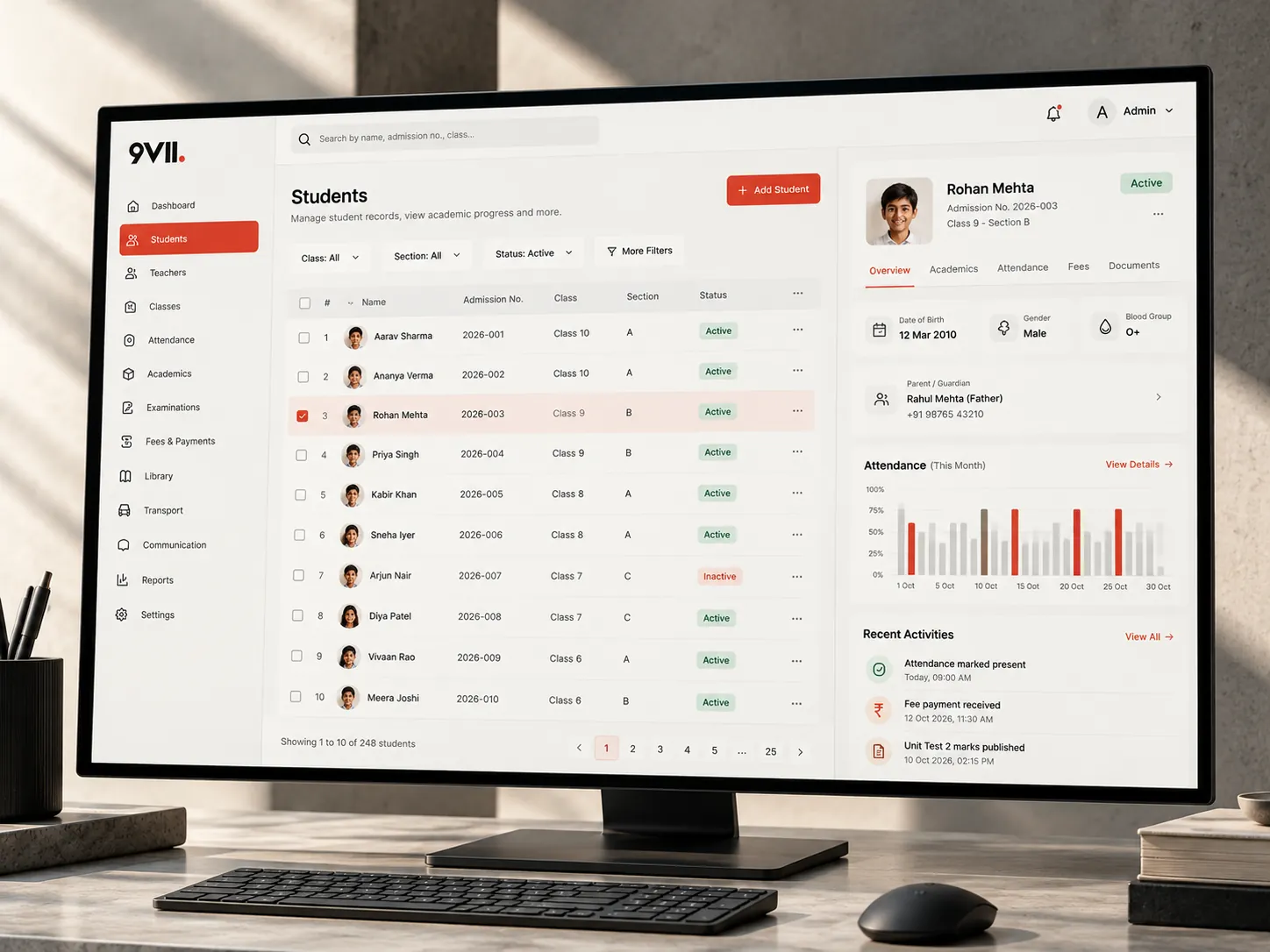Work-in-progress student management interface on a desktop monitor
