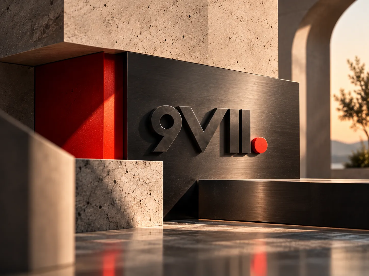 Architectural render of the 9VII wordmark in brushed metal with a red accent